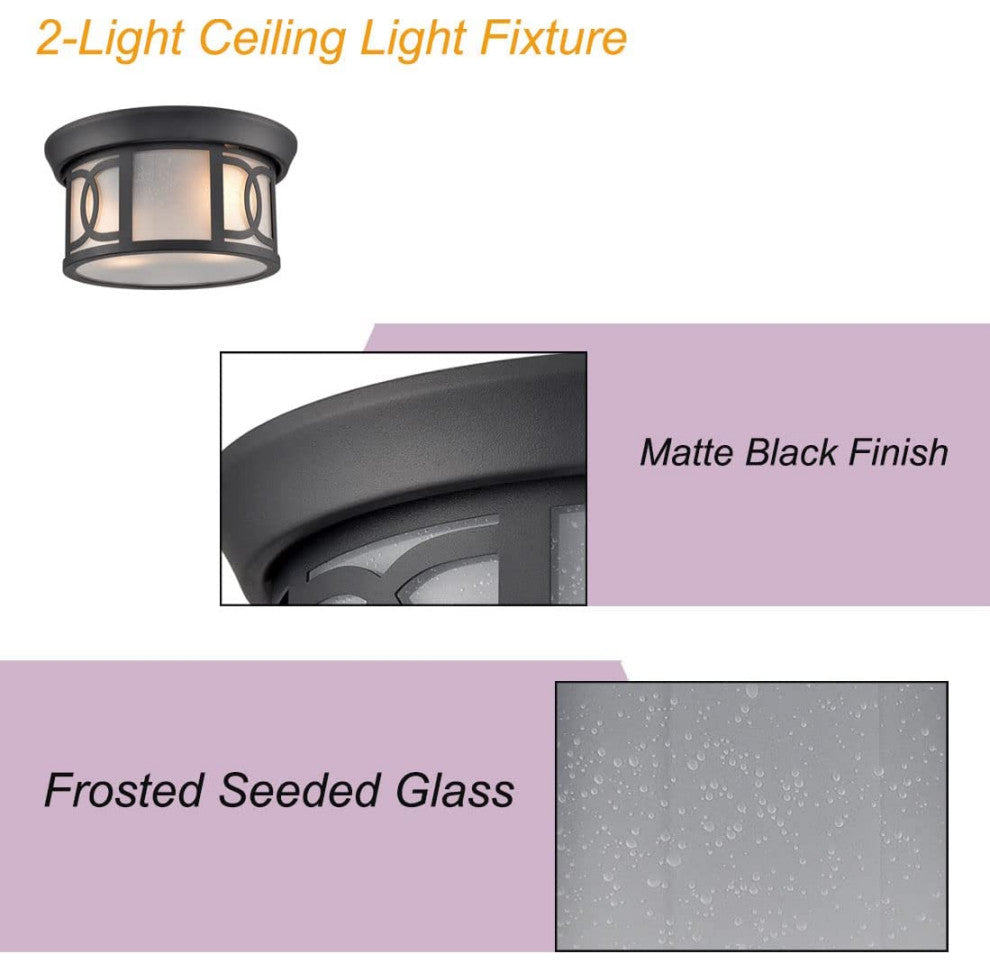 2 Light Ceiling Light Fixture, Industrial, Matte Black Flush Mount