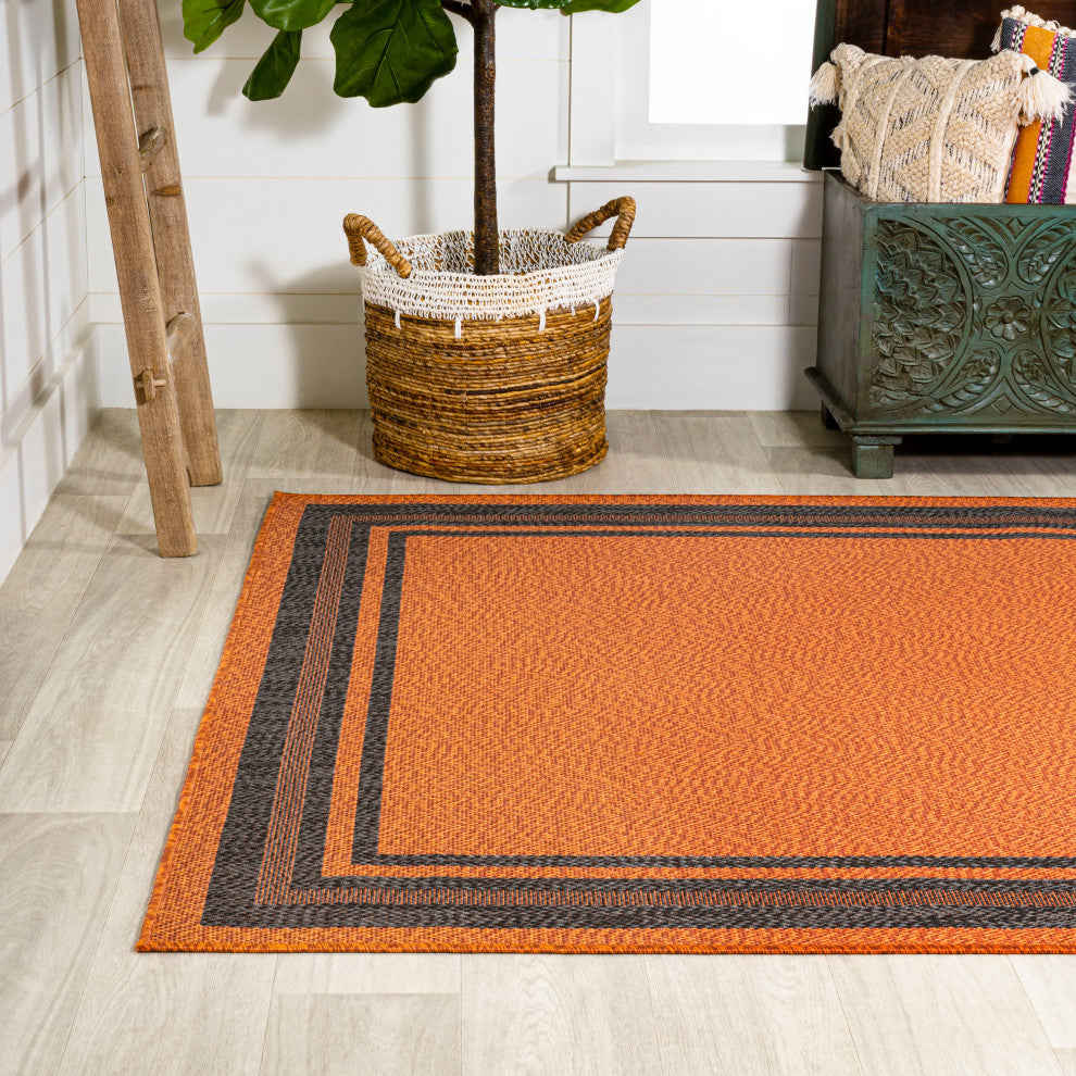 James Modern Border Stripe Indoor/Outdoor Area Rug, Orange/Dark Gray, 8x10