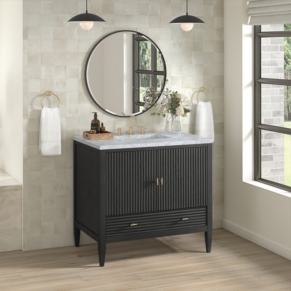 Myrrin 36" Vanity, Carbon Oak, 3 CM Carrara White Marble Top