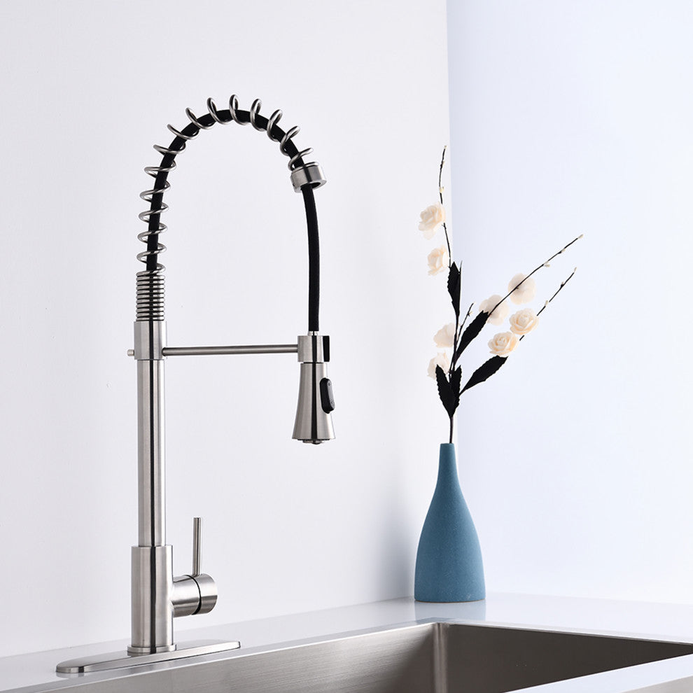 Single Handle Deck Mounted Spring Neck Pull Down Kitchen Faucet with Sprayer, Br