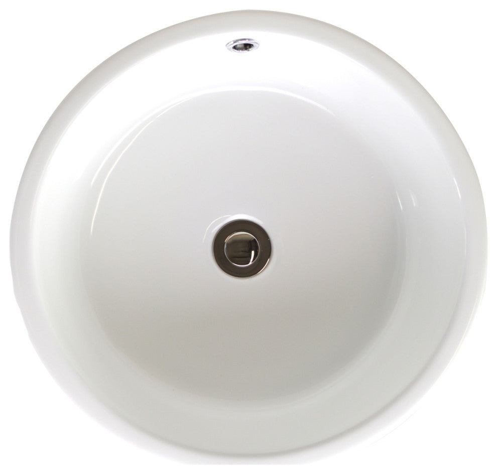Sutherland White Ceramic Round Vessel Bathroom Sink with Overflow, popup drain