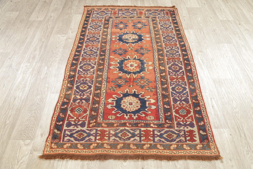 Consigned, Antique Russian Oriental Traditional Handmade Area Rug, Orange, 3x5