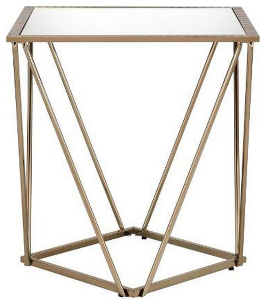 Benzara BM250672 End Table With Mirror Top/Open Geometric Base, Champagne Gold