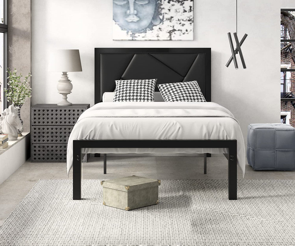 Modern Twin Size Metal Bed Frame with Geometric Litchi Grain Leather Headboard