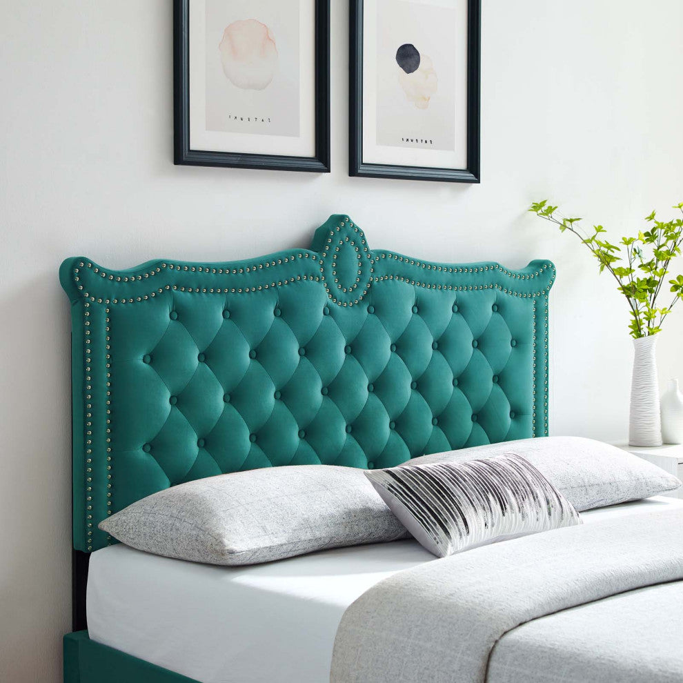 Tufted Headboard, Full Queen Size, Velvet, Teal Blue, Modern Contemporary