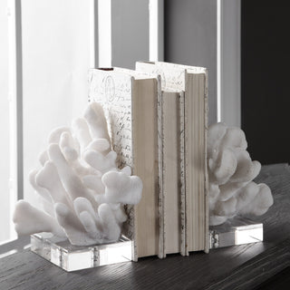 Luxe White Faux Coral Sculpture Bookends 2-Piece Set, Crystal