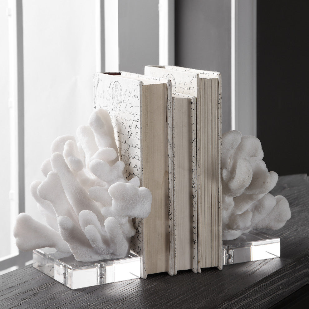 Luxe White Faux Coral Sculpture Bookends 2-Piece Set, Crystal