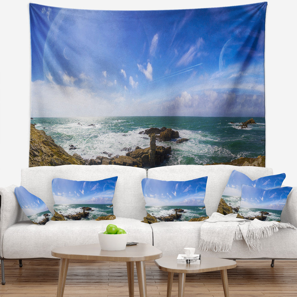 Distant Planet System from Cliffs Seashore Wall Tapestry, 80"x68"