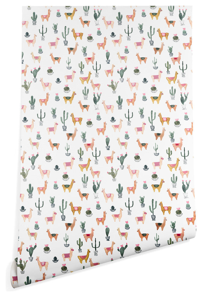 Deny Designs Dash and Ash Llamas and Plants Wallpaper, White, 2'x8'