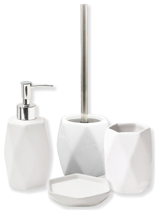 Bath Toilet Bowl Brush and Holder Diamond Stoneware White, White