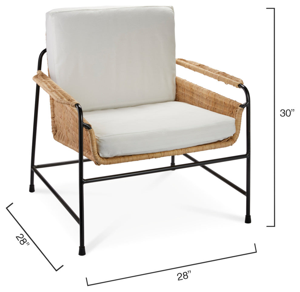 Palermo Lounge Chair, Natural Rattan and Black Steel With Off White Cushions