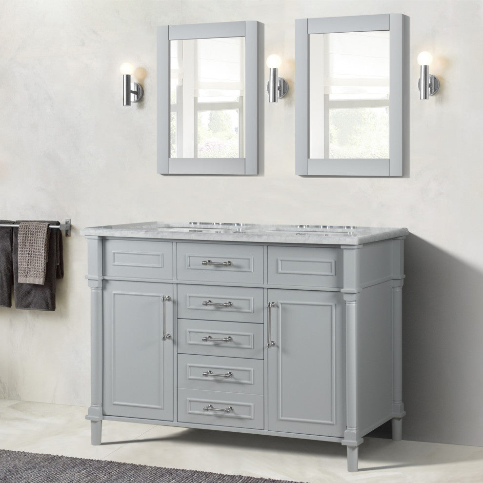 48" Double Vanity, Light Gray With White Carrara Marble Top