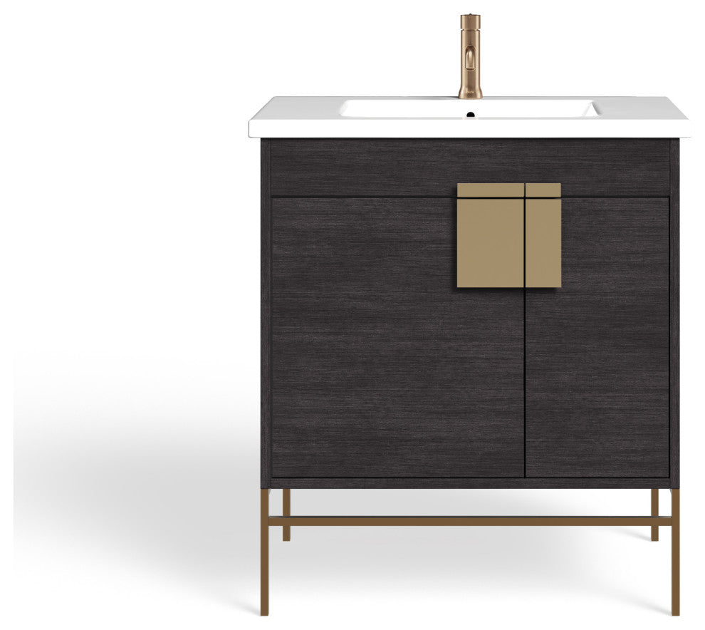Lockhart Bath Vanity, Black Oak, 30", Satin Brass Hardware, Single Sink, Freestanding