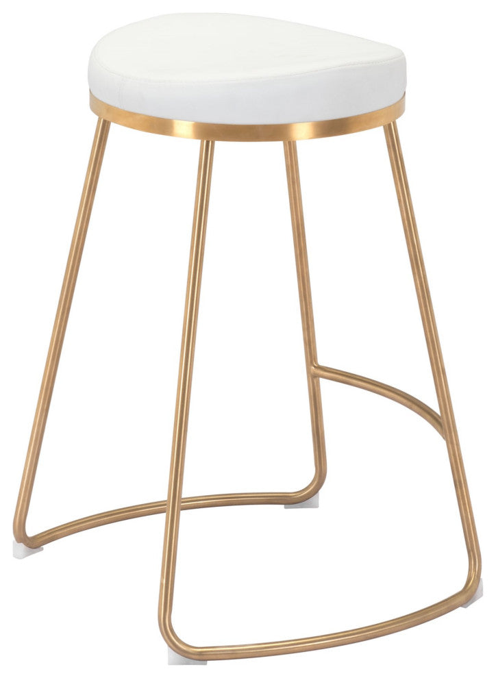 Counter Stool Chair, Set of 2, Faux Vinyl Leather, Steel, White, Gold, Cafe