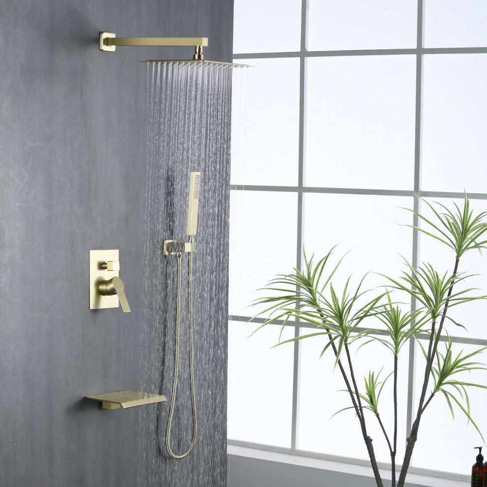 Wellfor Rainfall Shower Faucet, 10" Rain Shower Head With Handheld Combo Set, Brushed Gold