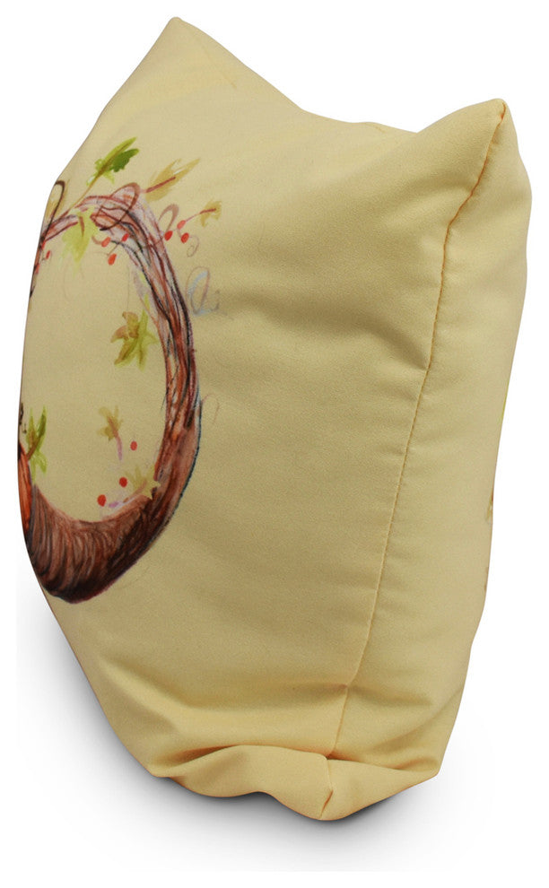 Cornicopia Wreath Fall Print Outdoor Decorative Throw Pillow, Light Yellow, 16"