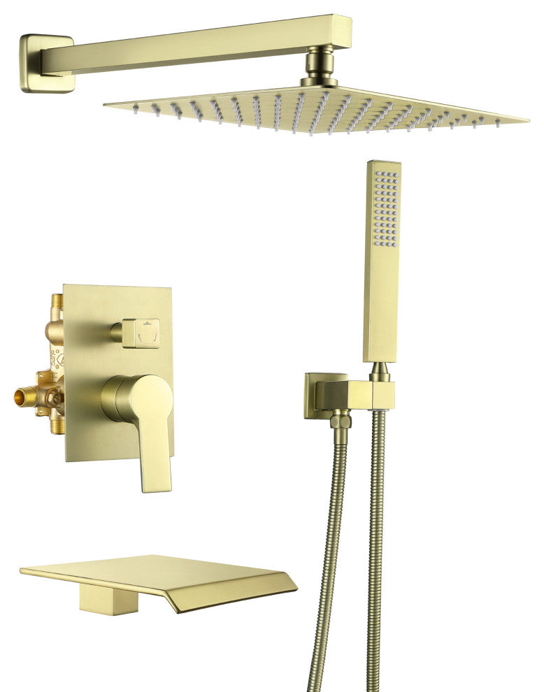 Wellfor Rainfall Shower Faucet, 10" Rain Shower Head With Handheld Combo Set, Brushed Gold