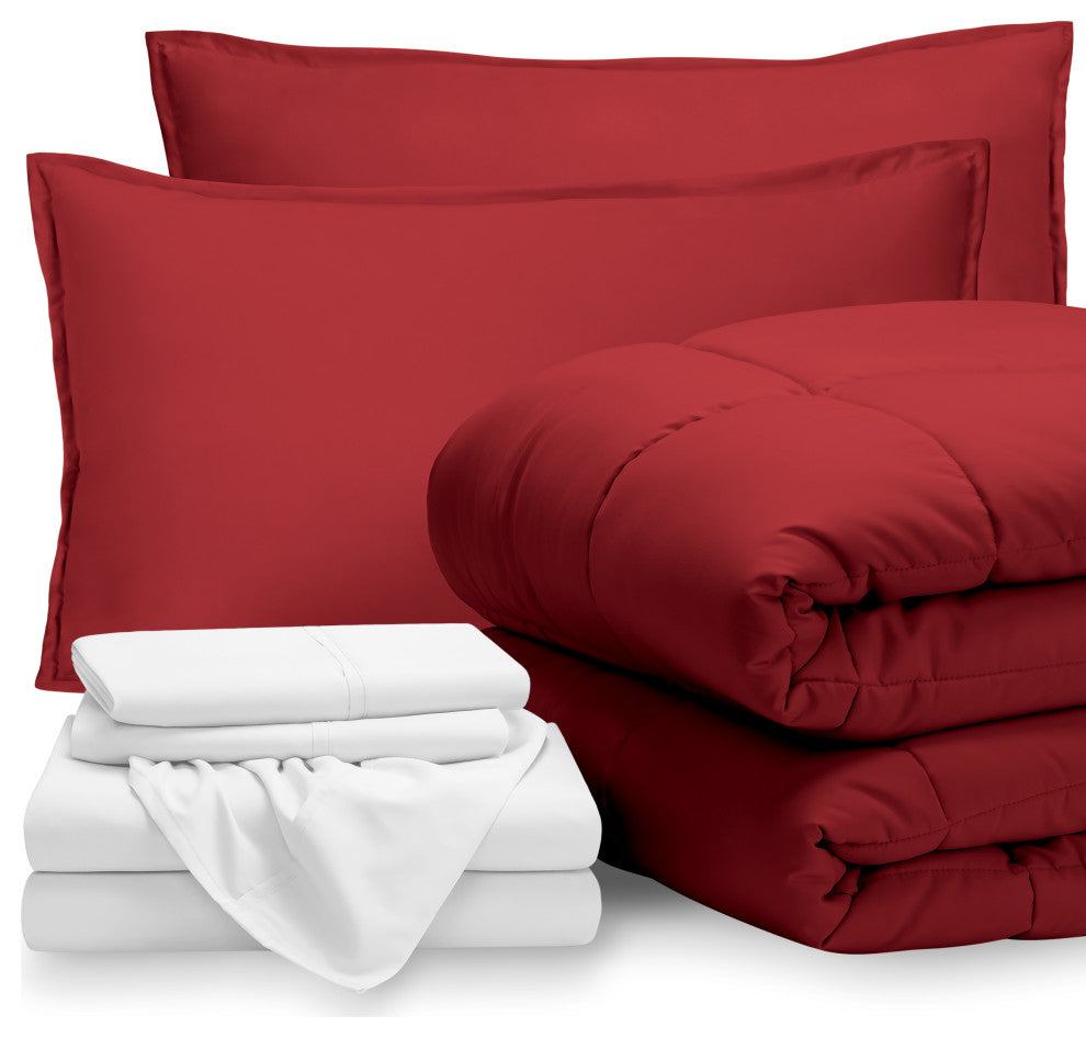 Bare Home 7-Piece Queen, King & Cal King Bed-in-a-Bag, Red, White, Queen
