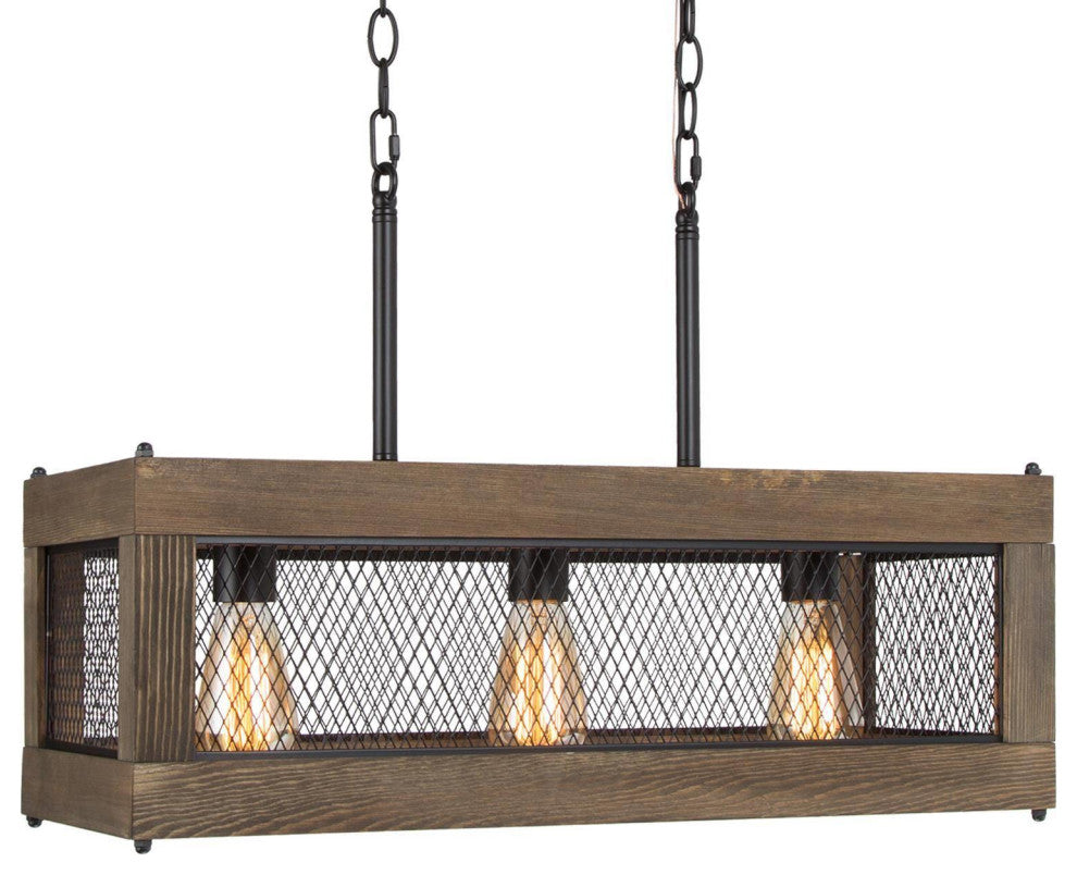 3-Ligths Matte Black Farmhouse Linear LED Kitchen Island Wooden Chandeliers