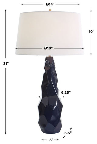 Abstract Faceted Gloss Navy Blue Ceramic Table Lamp 31 in Geometric Crinkle Luxe