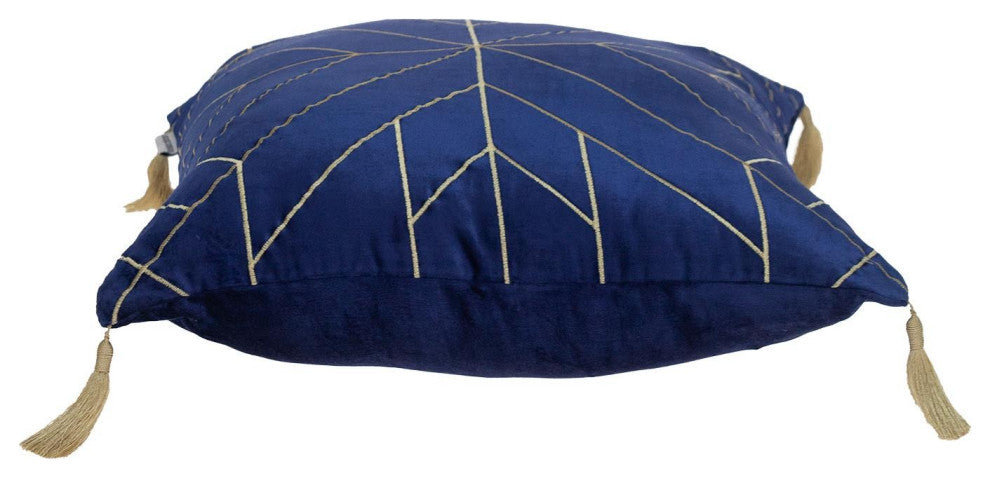 Blue and Gold Geo Velvet Throw Pillow With Gold Tassels
