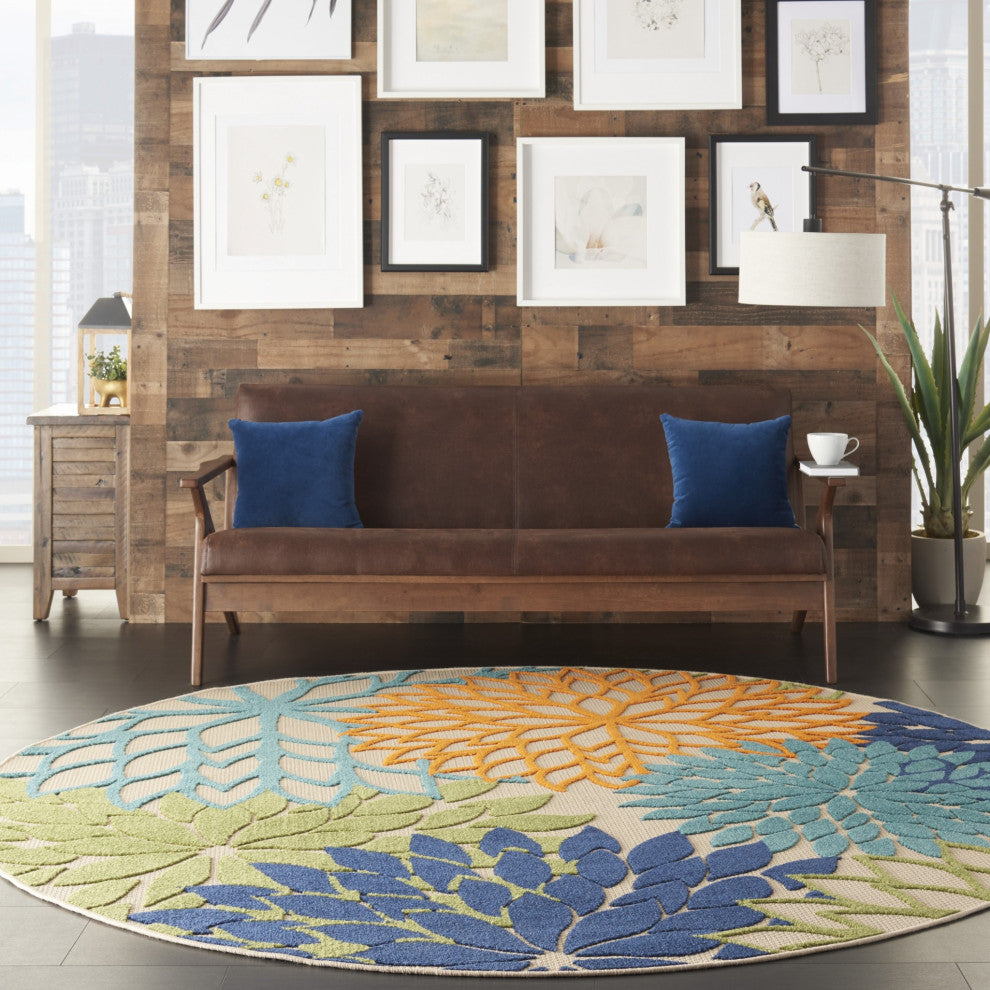 8 Round Orange Floral Outdoor Area Rug