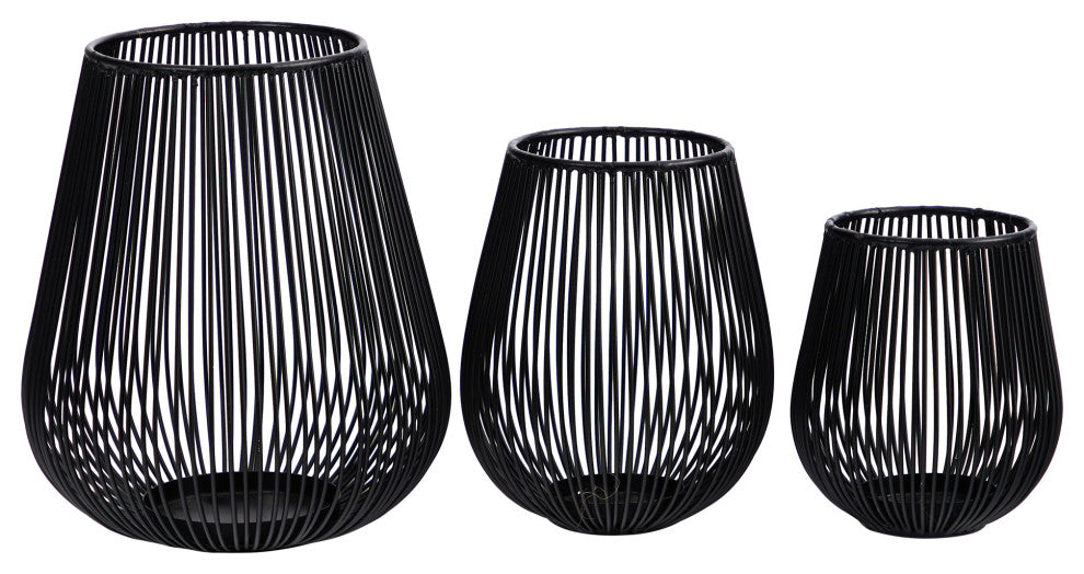 6", 8" & 10" Vintage Black Metal Wire Tea Votive Lantern Candle Holder, Set of 3