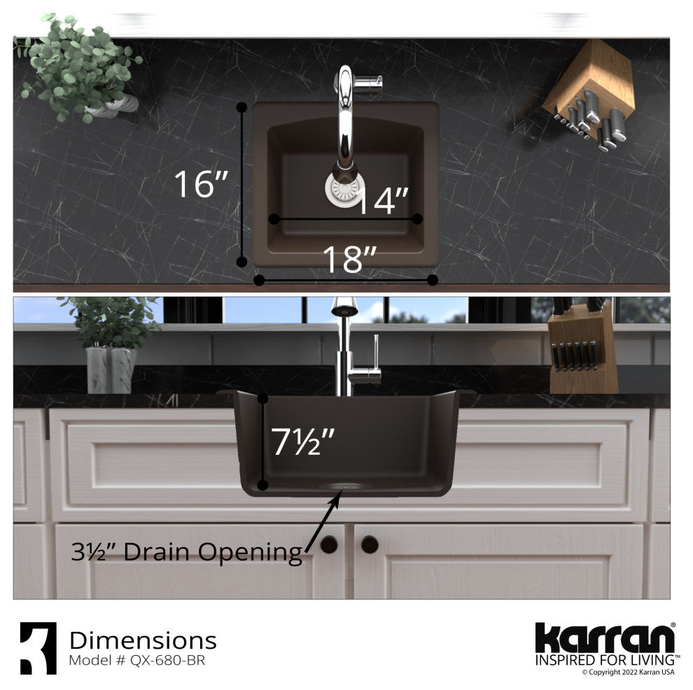Karran Drop-in or Undermount Quartz 18" Single Bowl Kitchen Sink, Brown