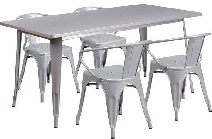 31.5''x63'' Rectangular Metal Indoor Table Set with 4 Arm Chairs, Silver
