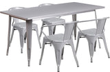 31.5''x63'' Rectangular Metal Indoor Table Set with 4 Arm Chairs, Silver