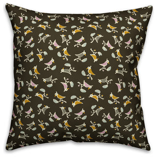 Songbird Pattern, Brown Outdoor Throw Pillow, 16"x16"