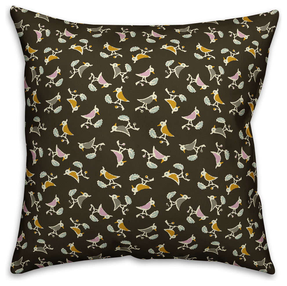 Songbird Pattern, Brown Outdoor Throw Pillow, 16"x16"