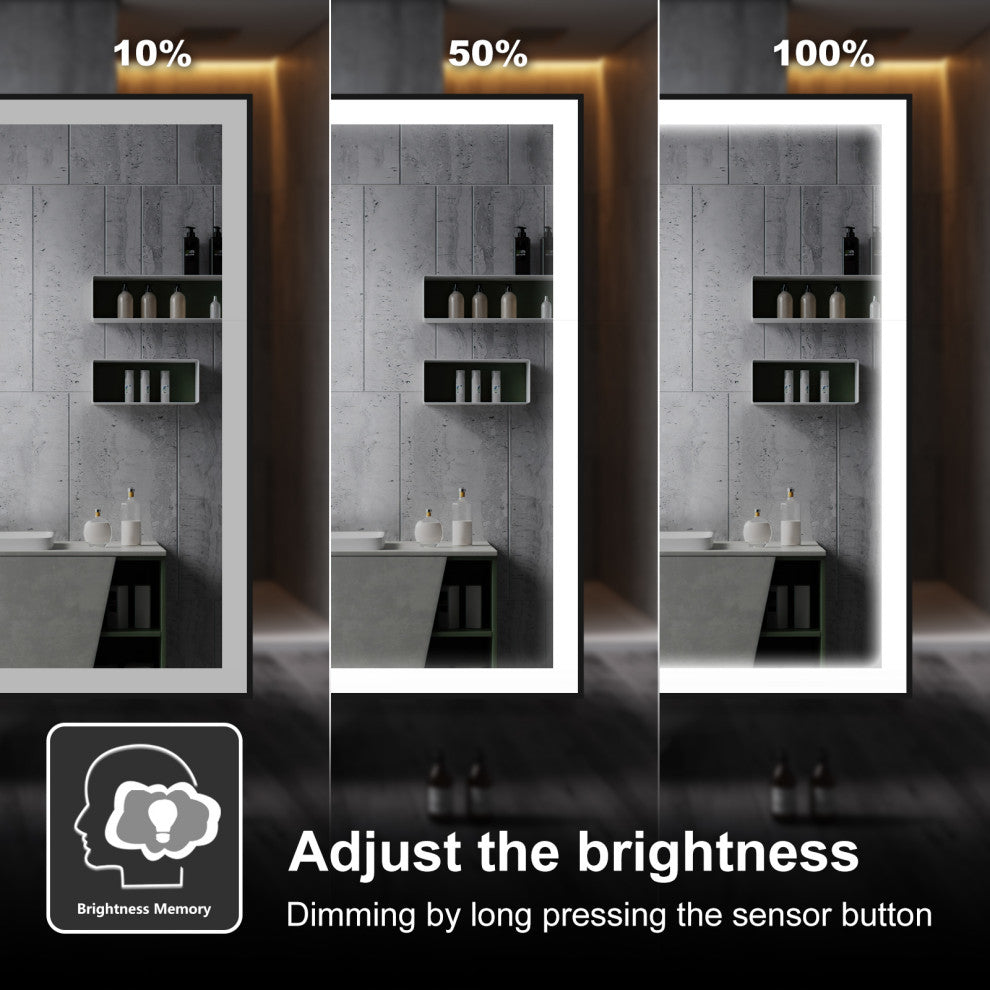 Kiva-Rhyme Black Framed LED Vanity Wall Mounted Mirror, 24x32", 3 Buttons, 48"x36