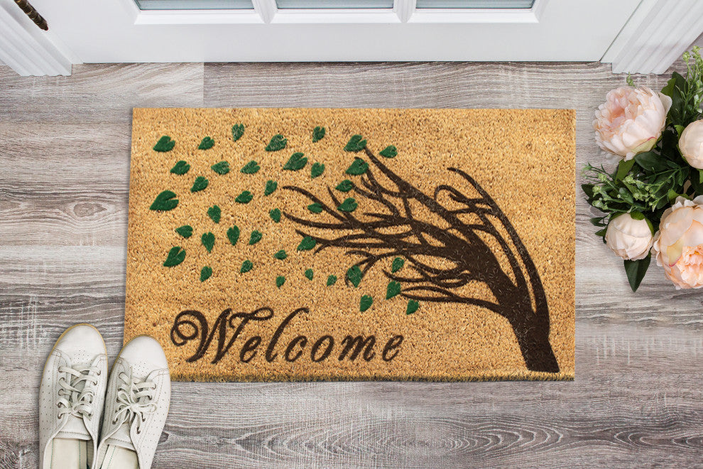 A1HC Floral Natural Coir Front Door, Anti-Shed Treated Durable Doormat 18"X30"