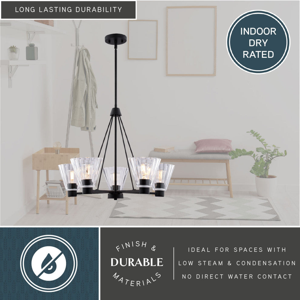 Dalton 5-Light Matte Black Chandelier, Clear Glass Shade, Pendant Fixture