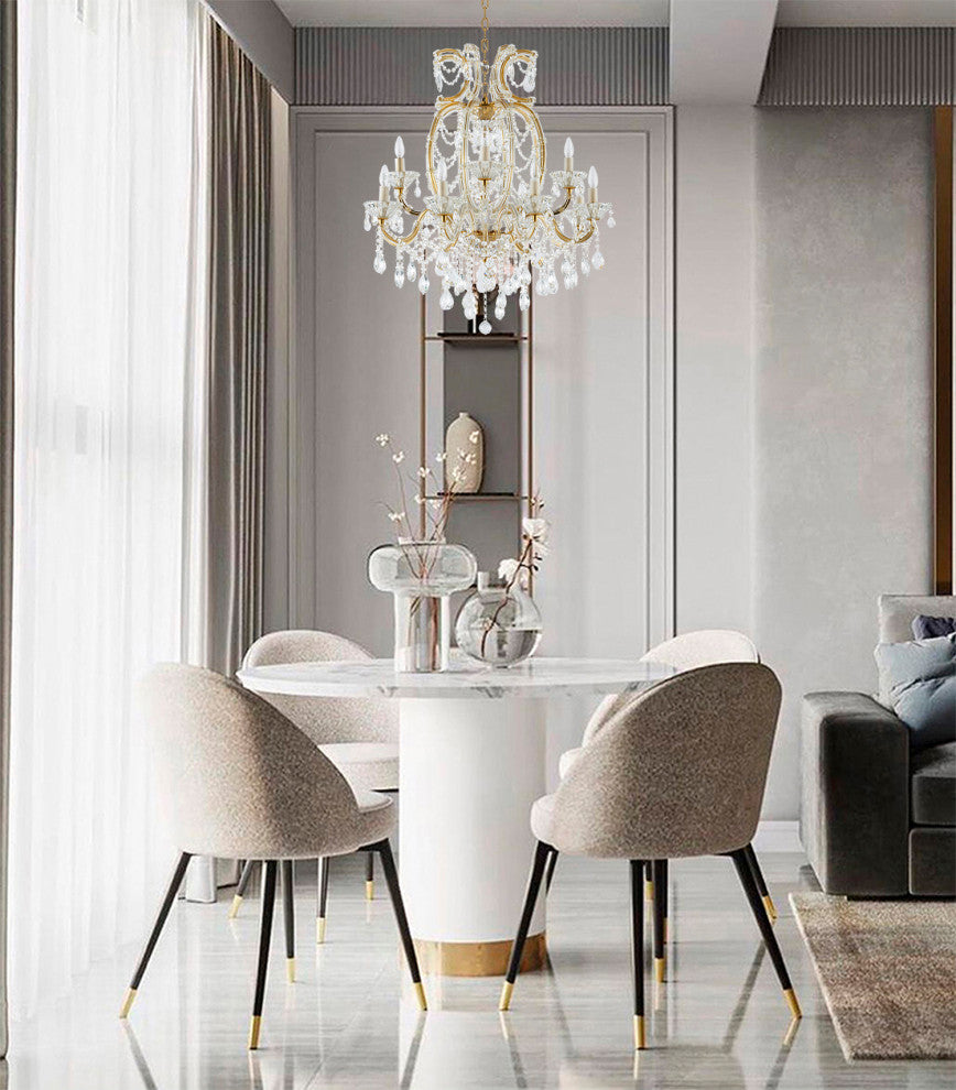 12-light Satin Brass Chandelier With Clear Hanging Crystals