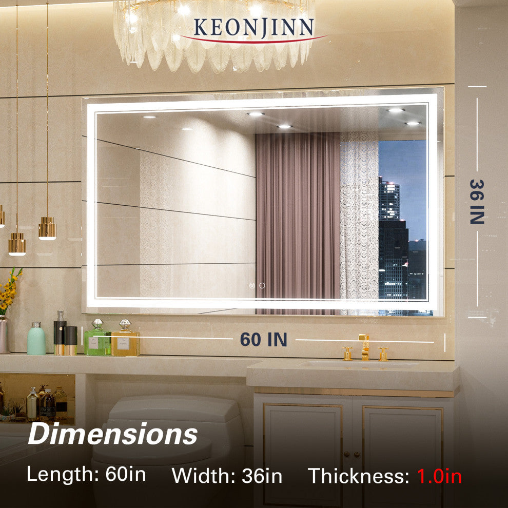 LED Bathroom Mirror, Anti-Fog Memory Dimmable IP54 Waterproof, 60"x36"