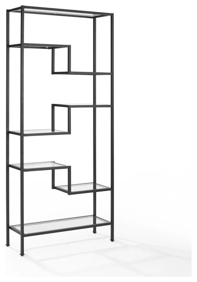 Modern Bookcase, Unique Geometric Design With Glass Open Shelves, Matte Black