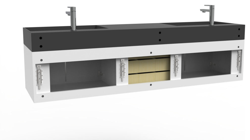 CastelloUSA Amazon 72" Wall Mounted Vanity Set, White, Black Top, Chrome Handles