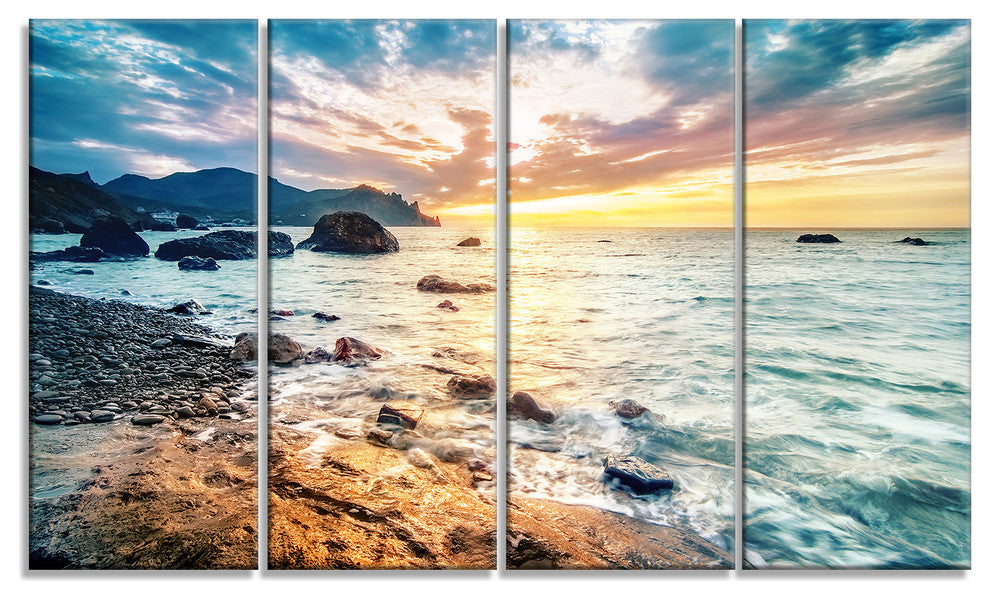 "Summer Sea With Mountains And Waves" Seascape Wall Art, 4 Panels, 48"x28"