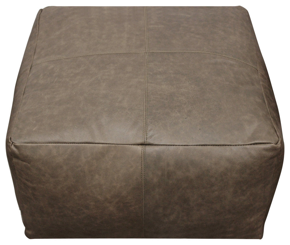 Java Pouf Upholstered, Genuine Leather, Gray and Contrast Stitching
