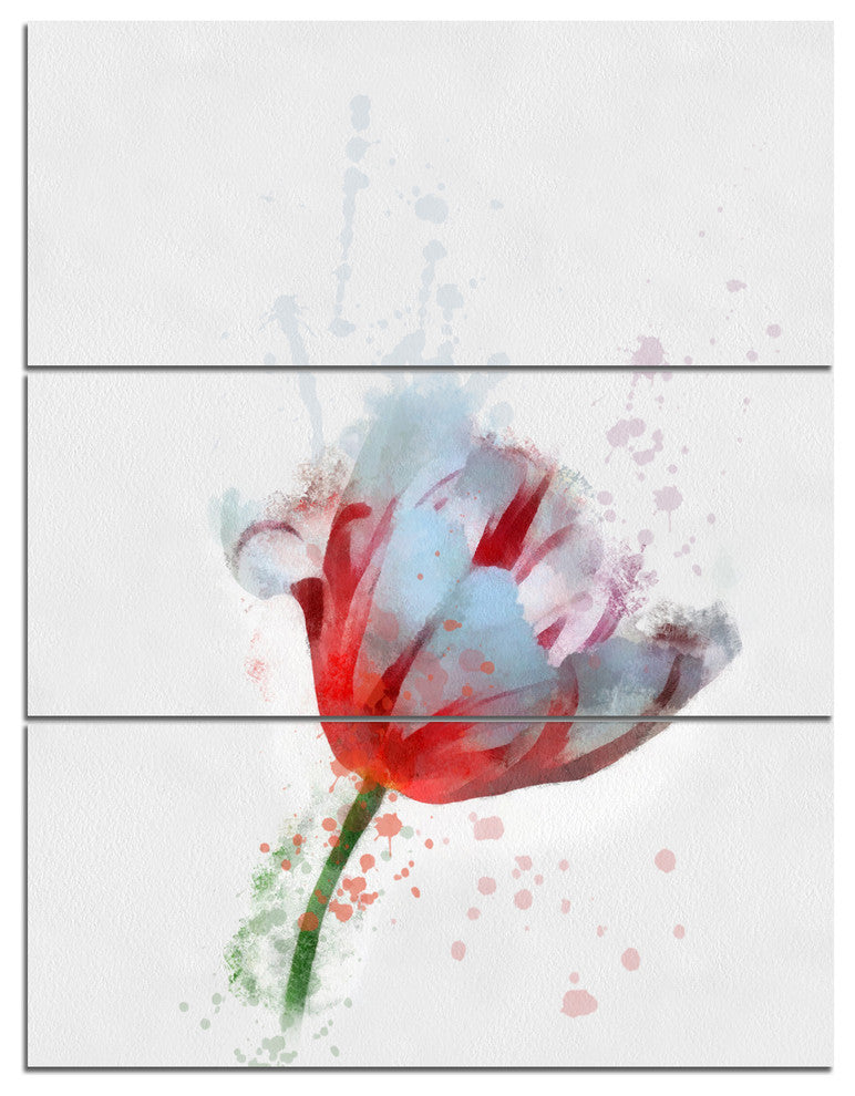 Beautiful Red White Flower Sketch, Floral Triptych Canvas Print, 28x36, 3 Panels