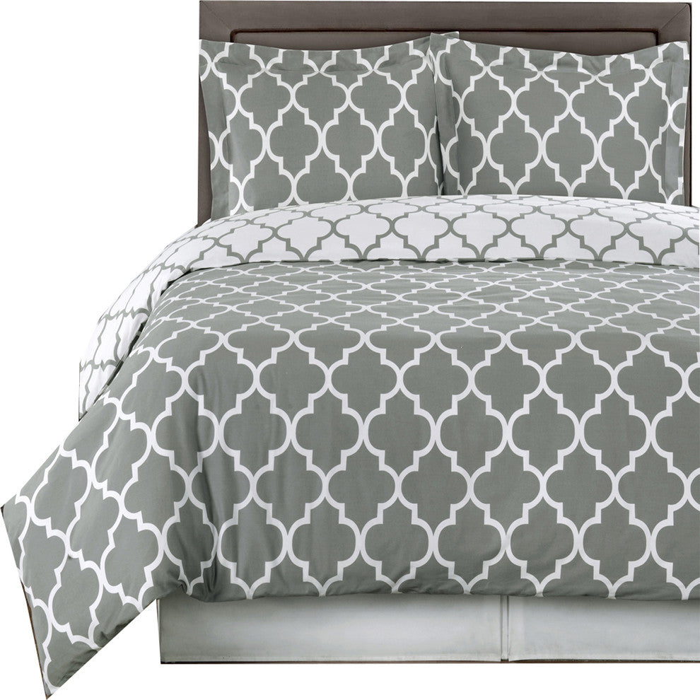 Meridian Cotton Printed Reversible Bed Set, Gray and White, King