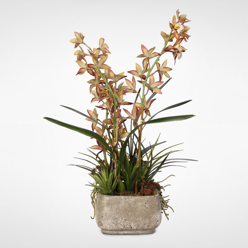 Green & Dusty Brown Silk Cymbidium Orchid & Succulents withPebbles in Cement Pot