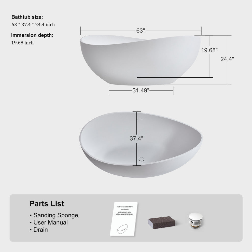 63" Wave-Shaped Stone Resin Matte Freestanding Bathtub, White