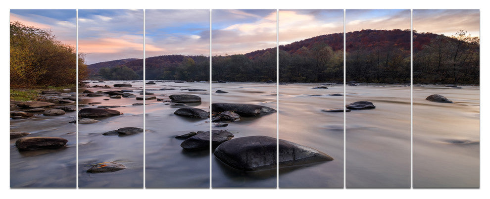 Rocky Mountain River in Autumn, Seashore Wall Art on Canvas, 83"x32", 7 Panels