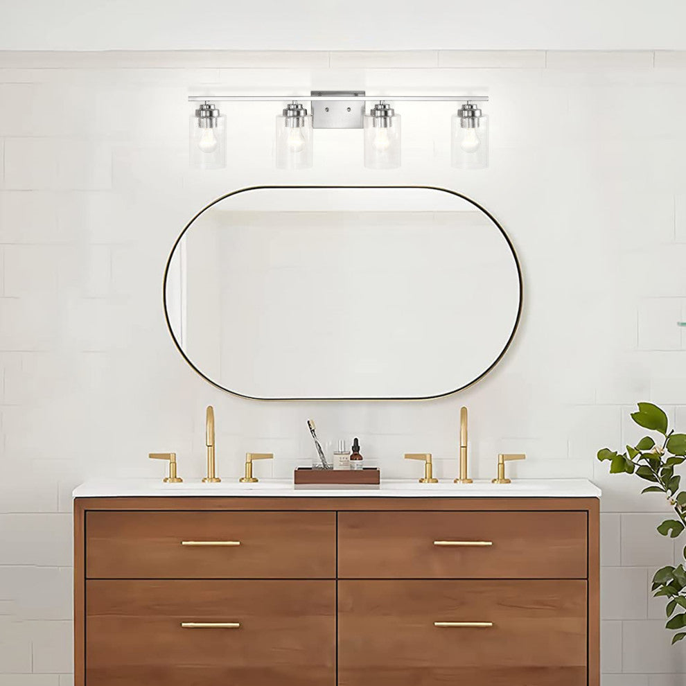 4-Light Brushed Nickel Vanity Light With Seedy Glass Shades