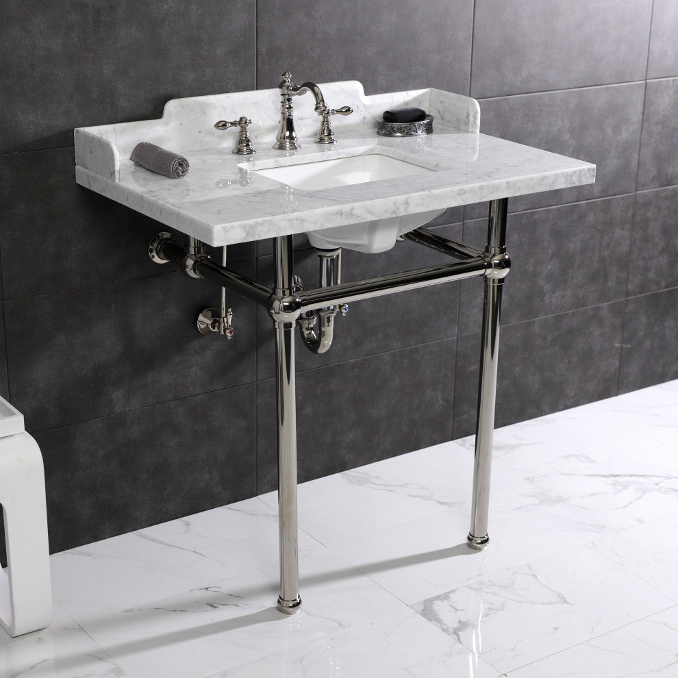 LMS36MBSQ6 36" Carrara Marble Console Sink with Brass Legs
