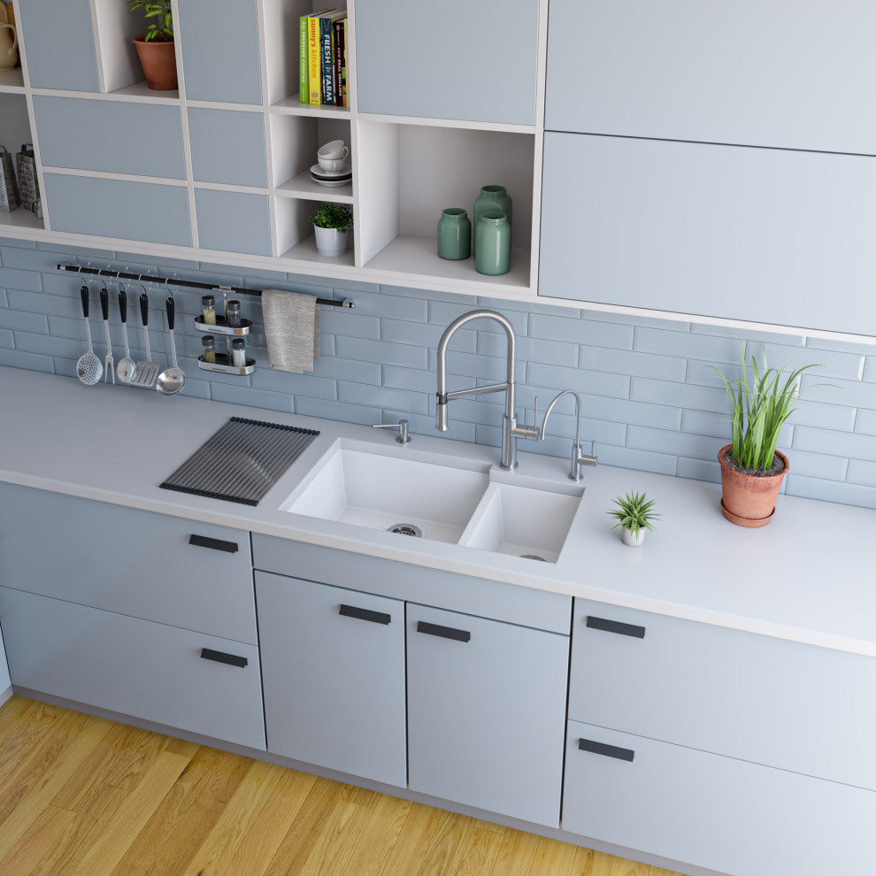 ALFI brand AB3319UM-W White 34" Double Bowl Granite Composite Kitchen Sink