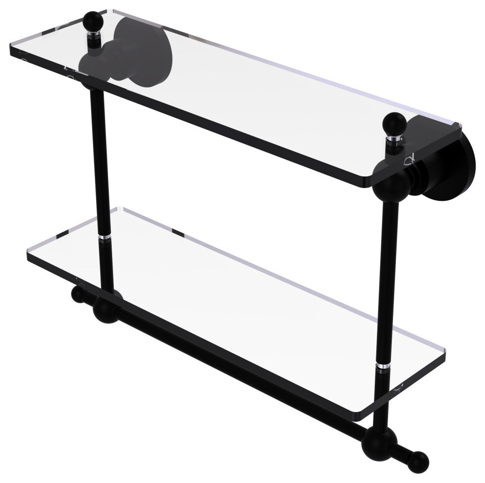 Astor Place 16" 2 Tiered Glass Shelf With Integrated Towel Bar, Matte Black